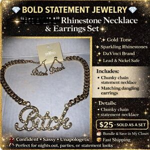 Gold Tone “B!t@h” Statement Necklace & Earrings Set Rhinestone Jewelry | DaVinci